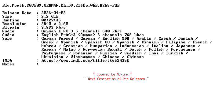 NFO for the release Big.Mouth.S07E09.GERMAN.DL.DV.2160p.WEB.H265-FWB by FWB