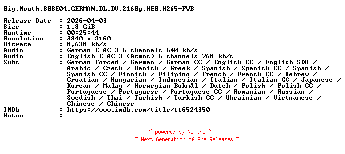 NFO for the release Big.Mouth.S08E04.GERMAN.DL.DV.2160p.WEB.H265-FWB by FWB