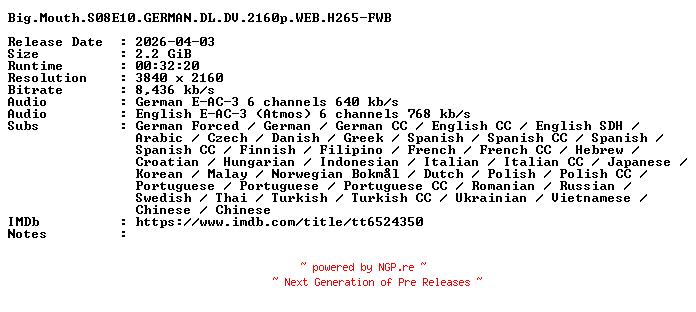 NFO for the release Big.Mouth.S08E10.GERMAN.DL.DV.2160p.WEB.H265-FWB by FWB