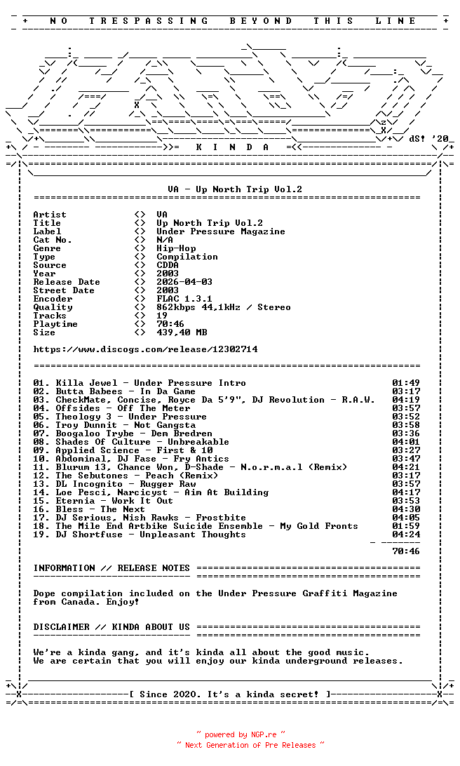 NFO for the release VA-Up_North_Trip_Vol.2-PROMO_MAG-CD-FLAC-2003-KINDA by KINDA