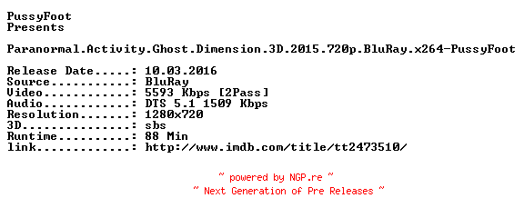 NFO for the release Paranormal.Activity.Ghost.Dimension.3D.2015.720p.BluRay.x264-PussyFoot by PussyFoot