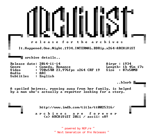 NFO for the release It.Happened.One.Night.1934.INTERNAL.BDRip.x264-ARCHiViST by ARCHiViST