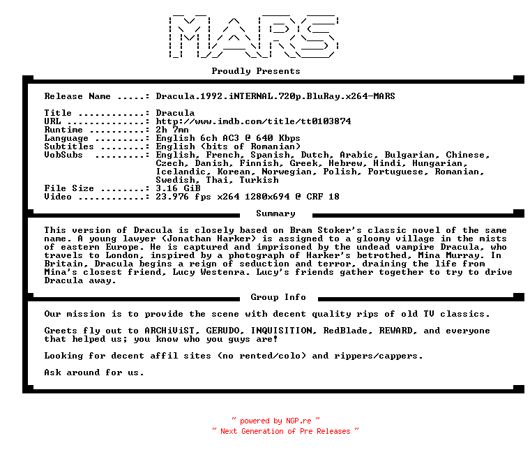 NFO for the release Dracula.1992.iNTERNAL.720p.BluRay.x264-MARS by MARS