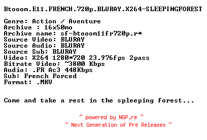 NFO for the release Btooom.E11.FRENCH.720p.BLURAY.X264-SLEEPINGFOREST by SLEEPINGFOREST