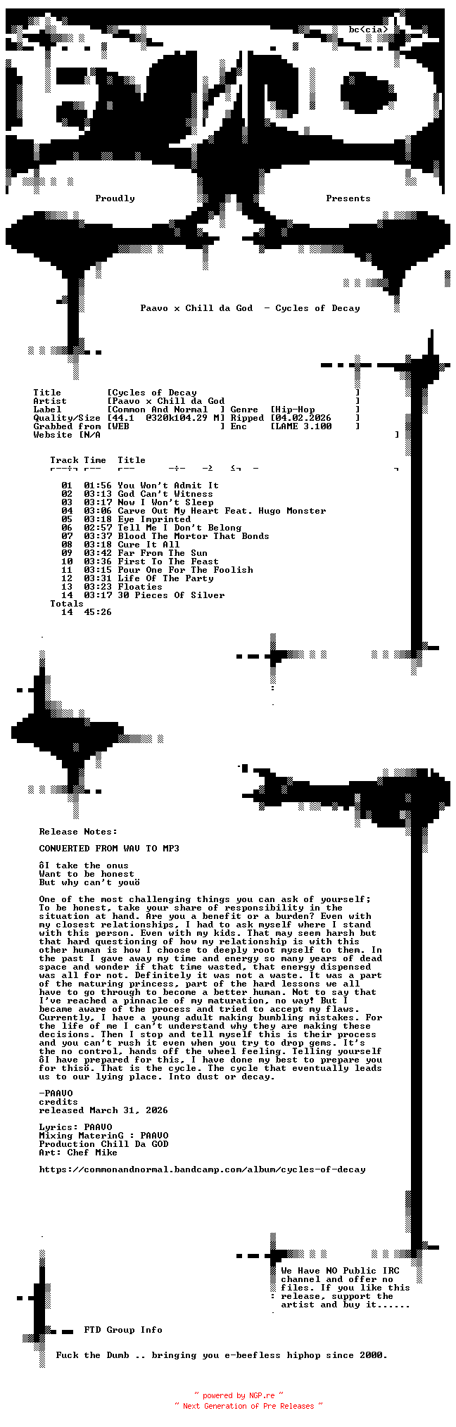NFO for the release Paavo_x_Chill_da_God-Cycles_of_Decay-WEB-2026-FTD by FTD