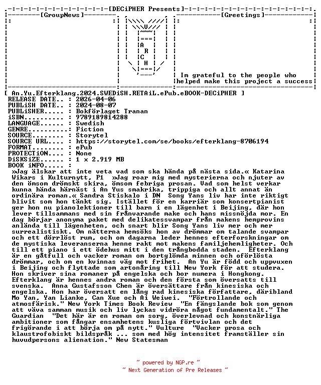 NFO for the release An.Yu.Efterklang.2024.SWEDiSH.RETAiL.ePub.eBOOK-DECiPHER by DECiPHER