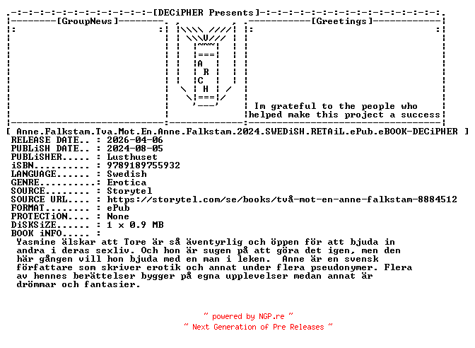 NFO for the release Anne.Falkstam.Tva.Mot.En.Anne.Falkstam.2024.SWEDiSH.RETAiL.ePub.eBOOK-DECiPHER by DECiPHER