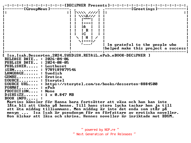 NFO for the release Isa.Isak.Desserten.2024.SWEDiSH.RETAiL.ePub.eBOOK-DECiPHER by DECiPHER