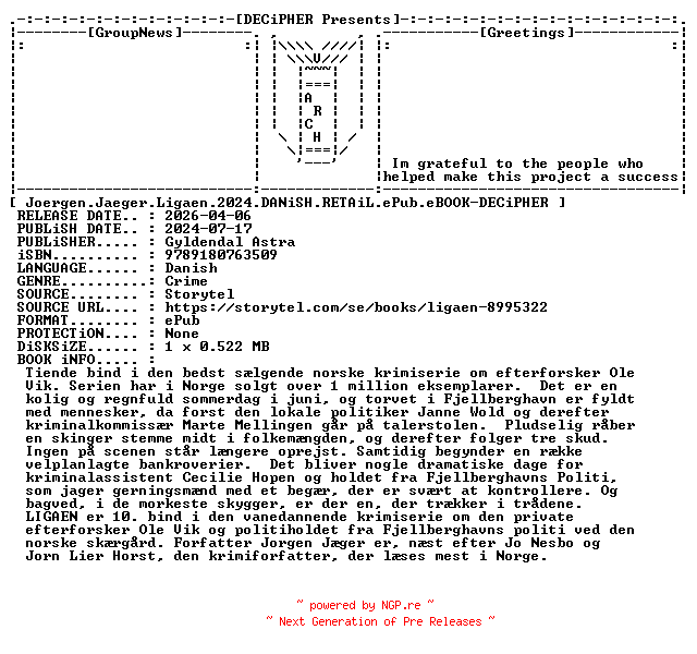 NFO for the release Joergen.Jaeger.Ligaen.2024.DANiSH.RETAiL.ePub.eBOOK-DECiPHER by DECiPHER