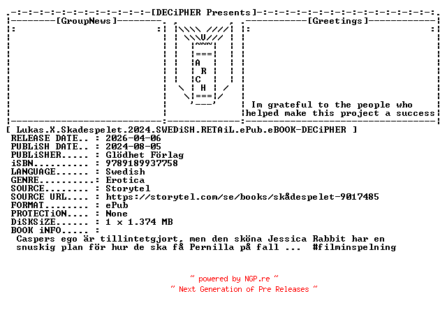 NFO for the release Lukas.X.Skadespelet.2024.SWEDiSH.RETAiL.ePub.eBOOK-DECiPHER by DECiPHER