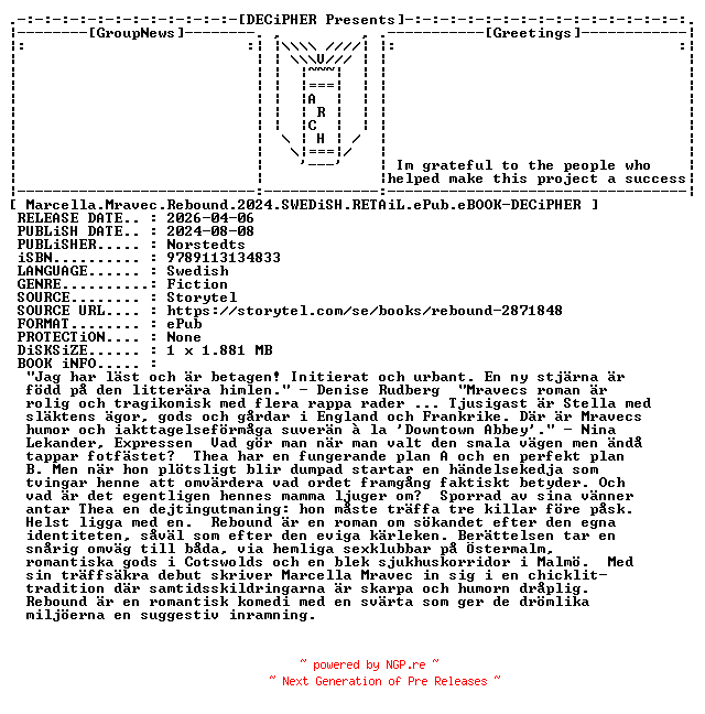 NFO for the release Marcella.Mravec.Rebound.2024.SWEDiSH.RETAiL.ePub.eBOOK-DECiPHER by DECiPHER