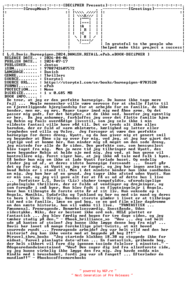 NFO for the release L.G.Davis.Barnepigen.2024.DANiSH.RETAiL.ePub.eBOOK-DECiPHER by DECiPHER