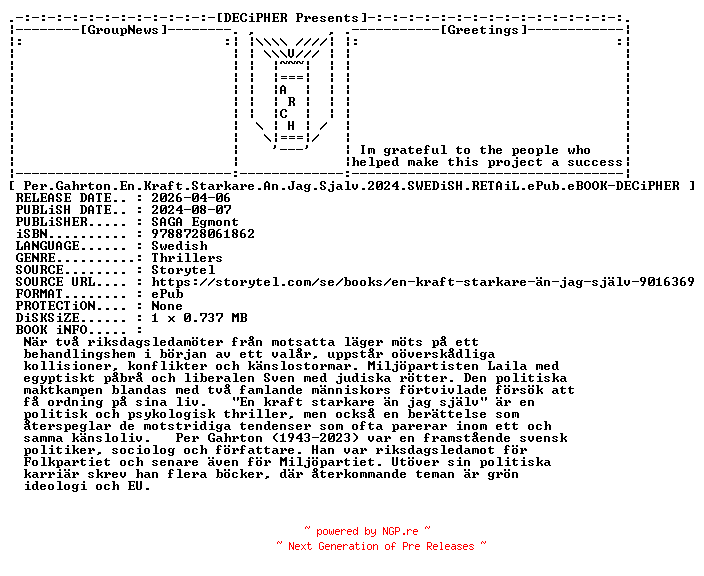 NFO for the release Per.Gahrton.En.Kraft.Starkare.An.Jag.Sjalv.2024.SWEDiSH.RETAiL.ePub.eBOOK-DECiPHER by DECiPHER