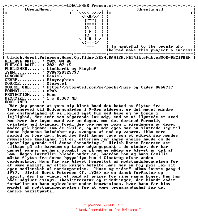 NFO for the release Ulrich.Horst.Petersen.Huse.Og.Tider.2024.DANiSH.RETAiL.ePub.eBOOK-DECiPHER by DECiPHER