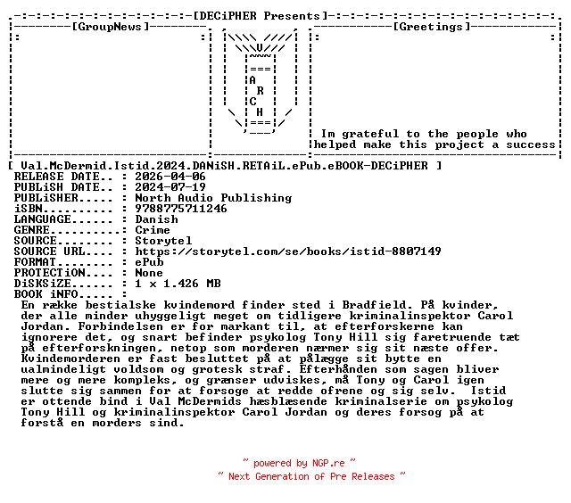 NFO for the release Val.McDermid.Istid.2024.DANiSH.RETAiL.ePub.eBOOK-DECiPHER by DECiPHER