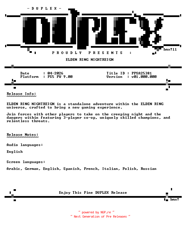 NFO for the release ELDEN.RING.NIGHTREIGN.PS5-DUPLEX by DUPLEX