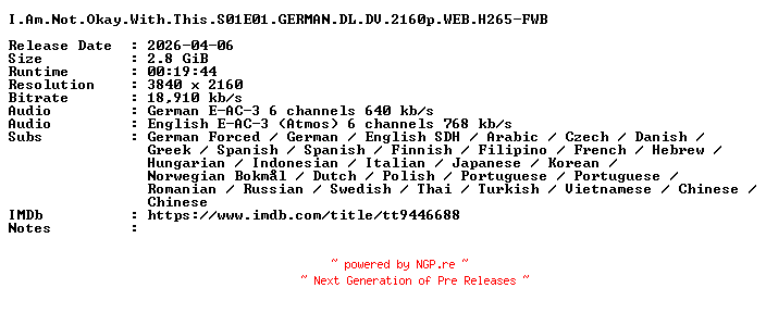 NFO for the release I.Am.Not.Okay.With.This.S01E01.GERMAN.DL.DV.2160p.WEB.H265-FWB by FWB
