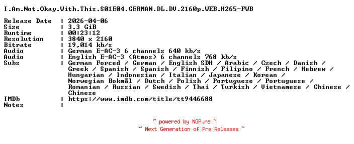NFO for the release I.Am.Not.Okay.With.This.S01E04.GERMAN.DL.DV.2160p.WEB.H265-FWB by FWB