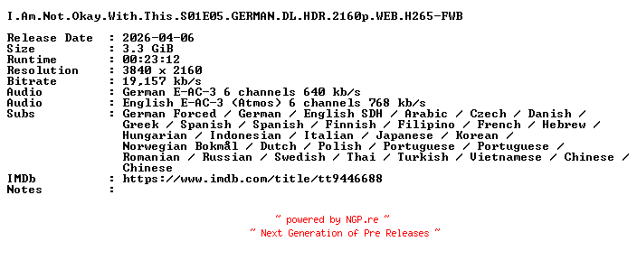 NFO for the release I.Am.Not.Okay.With.This.S01E05.GERMAN.DL.HDR.2160p.WEB.H265-FWB by FWB