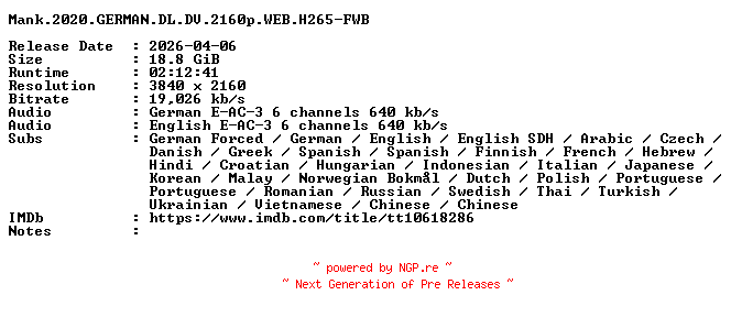 NFO for the release Mank.2020.GERMAN.DL.DV.2160p.WEB.H265-FWB by FWB