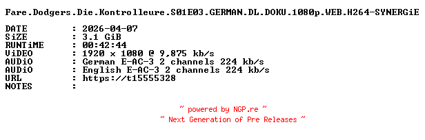 NFO for the release Fare.Dodgers.Die.Kontrolleure.S01E03.GERMAN.DL.DOKU.1080p.WEB.H264-SYNERGiE by SYNERGiE