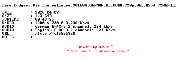 NFO for the release Fare.Dodgers.Die.Kontrolleure.S01E04.GERMAN.DL.DOKU.720p.WEB.H264-SYNERGiE by SYNERGiE