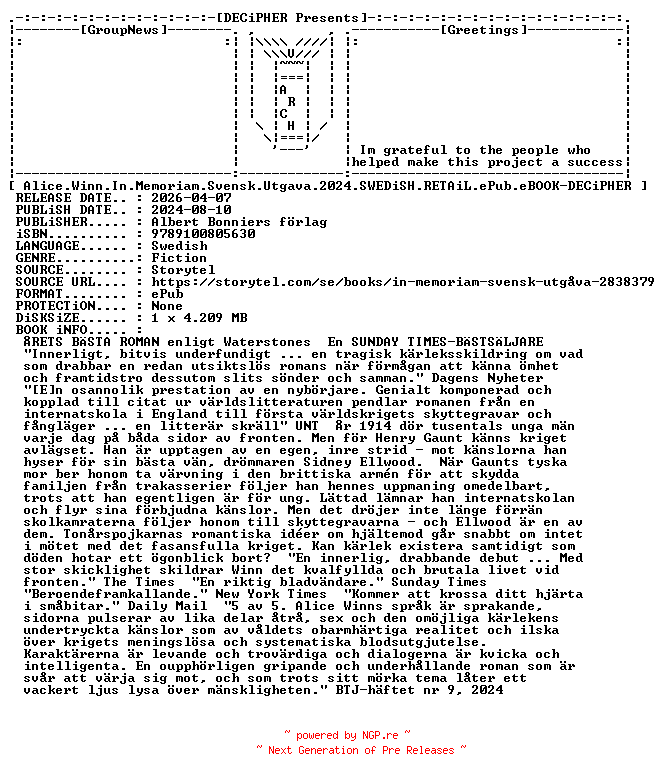 NFO for the release Alice.Winn.In.Memoriam.Svensk.Utgava.2024.SWEDiSH.RETAiL.ePub.eBOOK-DECiPHER by DECiPHER