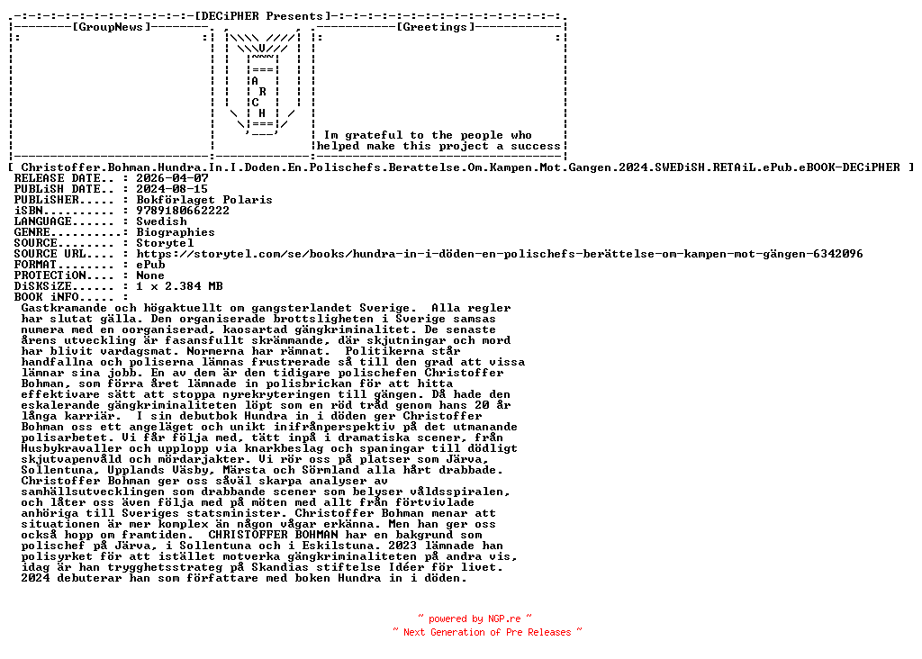 NFO for the release Christoffer.Bohman.Hundra.In.I.Doden.En.Polischefs.Berattelse.Om.Kampen.Mot.Gangen.2024.SWEDiSH.RETAiL.ePub.eBOOK-DECiPHER by DECiPHER