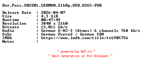 NFO for the release Der.Pass.S02E01.GERMAN.2160p.WEB.H265-FWB by FWB