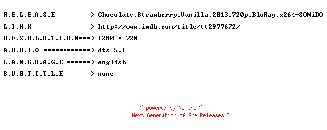 NFO for the release Chocolate.Strawberry.Vanilla.2013.720p.BluRay.x264-SONiDO by SONiDO