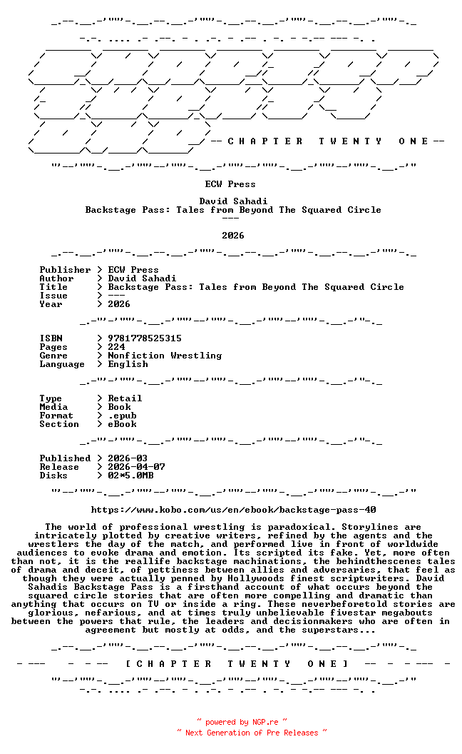 NFO for the release David.Sahadi.-.Backstage.Pass.Tales.from.Beyond.The.Squared.Circle.2026.RETAIL.EPUB.eBook-CTO by CTO