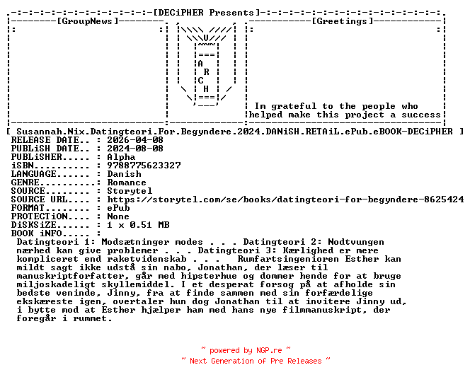 NFO for the release Susannah.Nix.Datingteori.For.Begyndere.2024.DANiSH.RETAiL.ePub.eBOOK-DECiPHER by DECiPHER