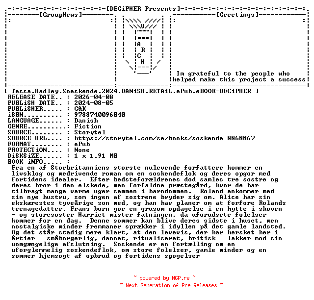 NFO for the release Tessa.Hadley.Soeskende.2024.DANiSH.RETAiL.ePub.eBOOK-DECiPHER by DECiPHER