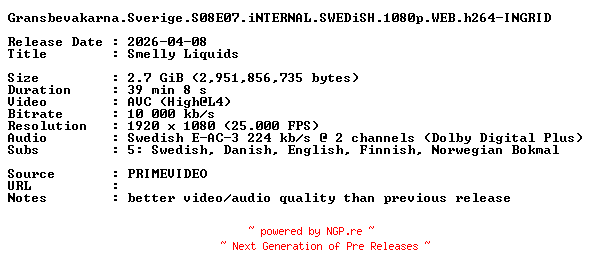 NFO for the release Gransbevakarna.Sverige.S08E07.iNTERNAL.SWEDiSH.1080p.WEB.h264-INGRID by INGRID