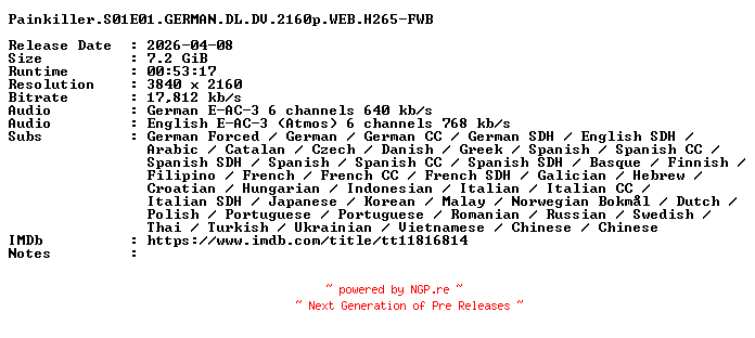 NFO for the release Painkiller.S01E01.GERMAN.DL.DV.2160p.WEB.H265-FWB by FWB