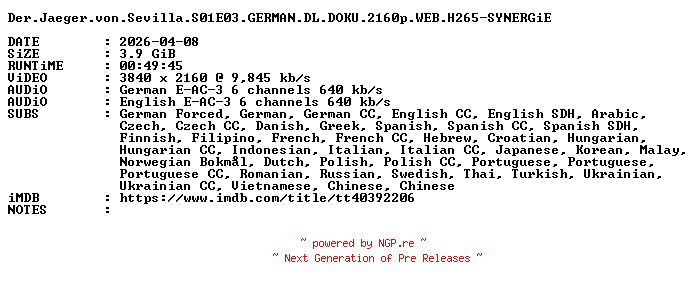 NFO for the release Der.Jaeger.von.Sevilla.S01E03.GERMAN.DL.DOKU.2160p.WEB.H265-SYNERGiE by SYNERGiE