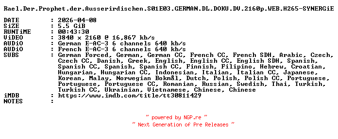 NFO for the release Rael.Der.Prophet.der.Ausserirdischen.S01E03.GERMAN.DL.DOKU.DV.2160p.WEB.H265-SYNERGiE by SYNERGiE