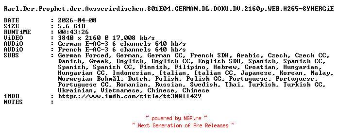 NFO for the release Rael.Der.Prophet.der.Ausserirdischen.S01E04.GERMAN.DL.DOKU.DV.2160p.WEB.H265-SYNERGiE by SYNERGiE