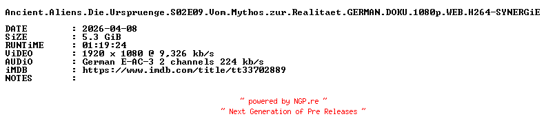NFO for the release Ancient.Aliens.Die.Urspruenge.S02E09.Vom.Mythos.zur.Realitaet.GERMAN.DOKU.1080p.WEB.H264-SYNERGiE by SYNERGiE