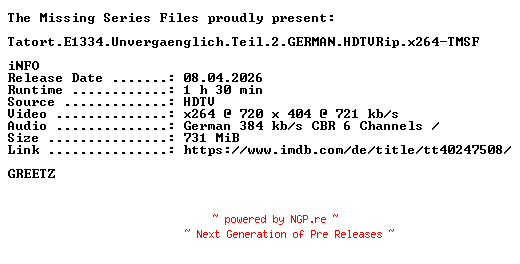 NFO for the release Tatort.E1334.Unvergaenglich.Teil.2.GERMAN.HDTVRip.x264-TMSF by TMSF