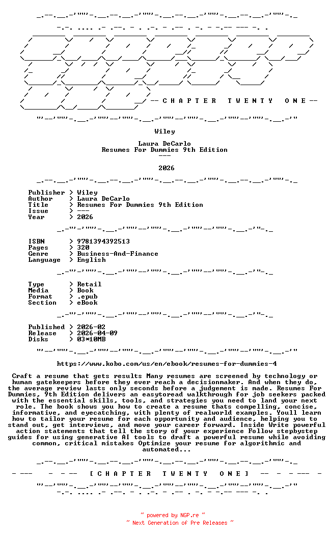 NFO for the release Laura.DeCarlo.-.Resumes.For.Dummies.9th.Edition.2026.RETAIL.EPUB.eBook-CTO by CTO