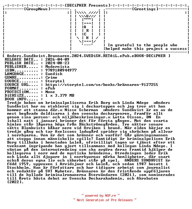 NFO for the release Anders.Sundkvist.Brannaren.2024.SWEDiSH.RETAiL.ePub.eBOOK-DECiPHER by DECiPHER