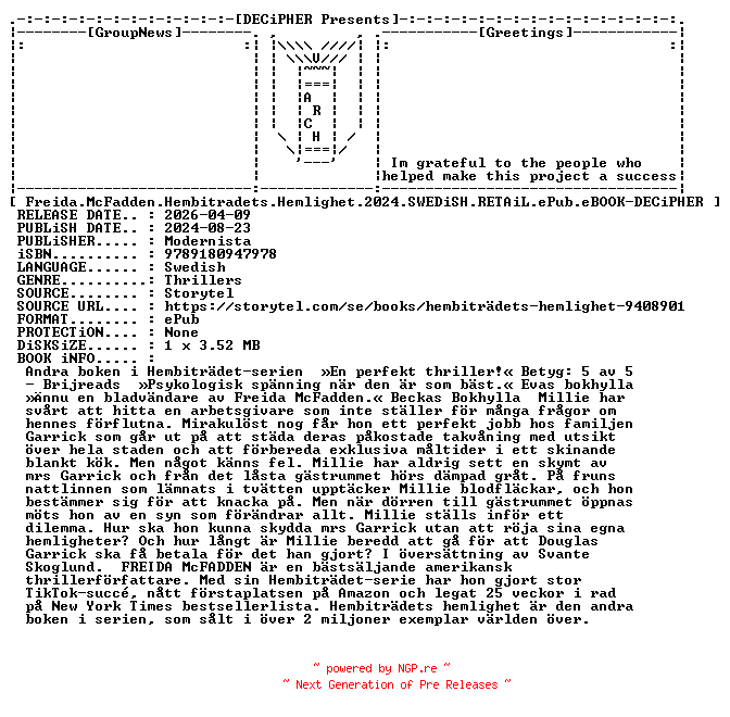 NFO for the release Freida.McFadden.Hembitradets.Hemlighet.2024.SWEDiSH.RETAiL.ePub.eBOOK-DECiPHER by DECiPHER