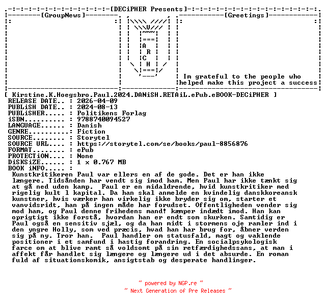 NFO for the release Kirstine.K.Hoegsbro.Paul.2024.DANiSH.RETAiL.ePub.eBOOK-DECiPHER by DECiPHER