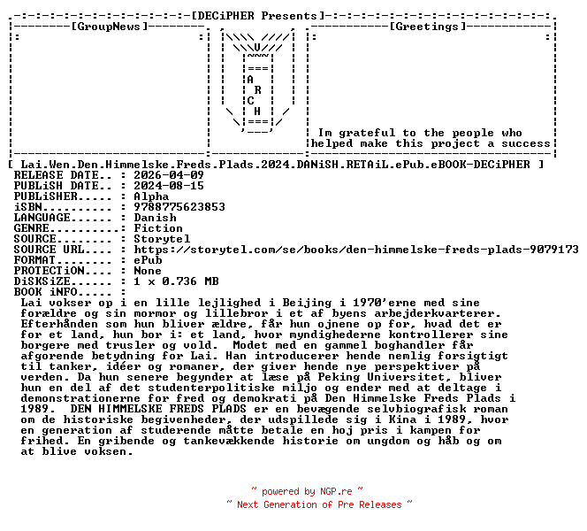 NFO for the release Lai.Wen.Den.Himmelske.Freds.Plads.2024.DANiSH.RETAiL.ePub.eBOOK-DECiPHER by DECiPHER
