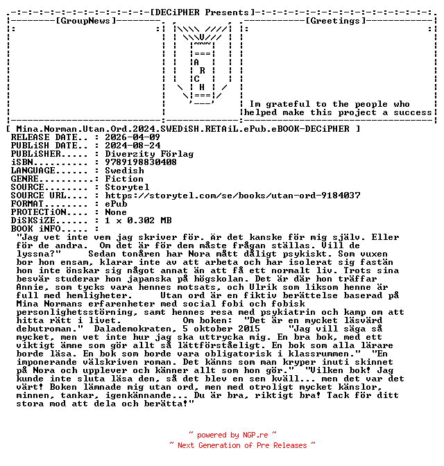 NFO for the release Mina.Norman.Utan.Ord.2024.SWEDiSH.RETAiL.ePub.eBOOK-DECiPHER by DECiPHER