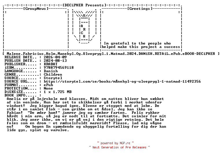 NFO for the release Malene.Fabricius.Holm.Manehyl.Og.Ulveprygl.1.Natmad.2024.DANiSH.RETAiL.ePub.eBOOK-DECiPHER by DECiPHER