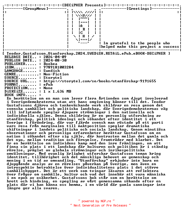 NFO for the release Teodor.Gustafsson.Utanforskap.2024.SWEDiSH.RETAiL.ePub.eBOOK-DECiPHER by DECiPHER