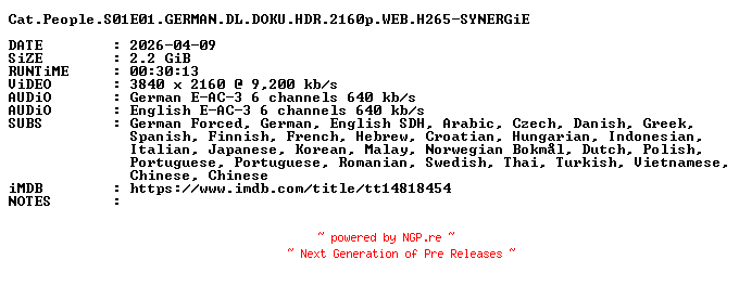 NFO for the release Cat.People.S01E01.GERMAN.DL.DOKU.HDR.2160p.WEB.H265-SYNERGiE by SYNERGiE