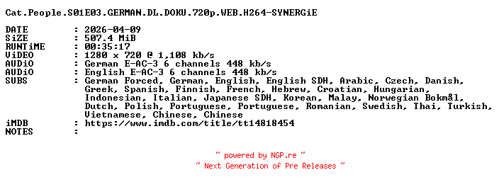 NFO for the release Cat.People.S01E03.GERMAN.DL.DOKU.720p.WEB.H264-SYNERGiE by SYNERGiE